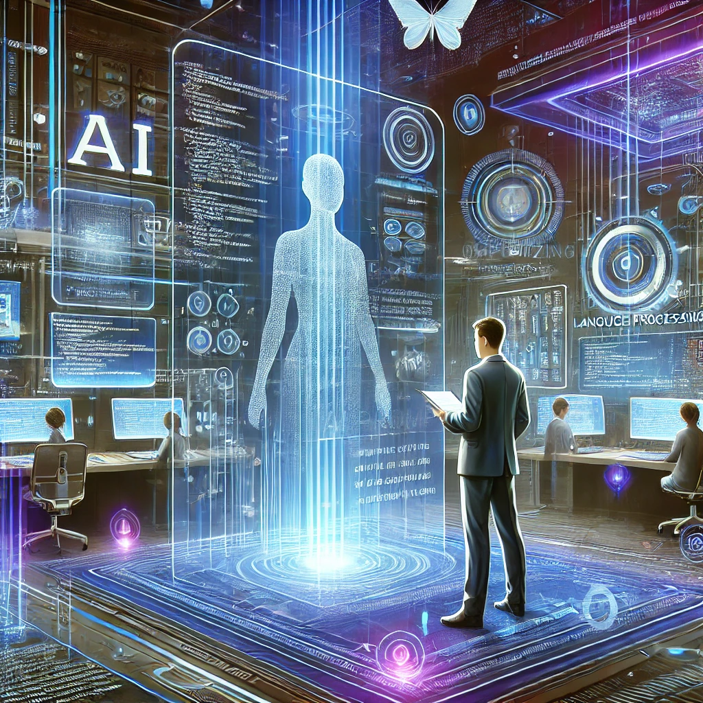 persona enfrente de un holograma de persona con un cuaderno en la mano